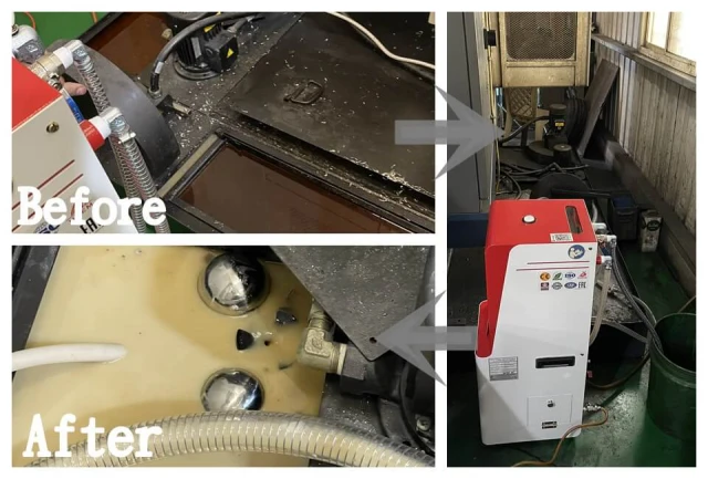 KN-PLUS Coolant Oil Separator – Before & after results, improving coolant purity and extending equipment lifespan.