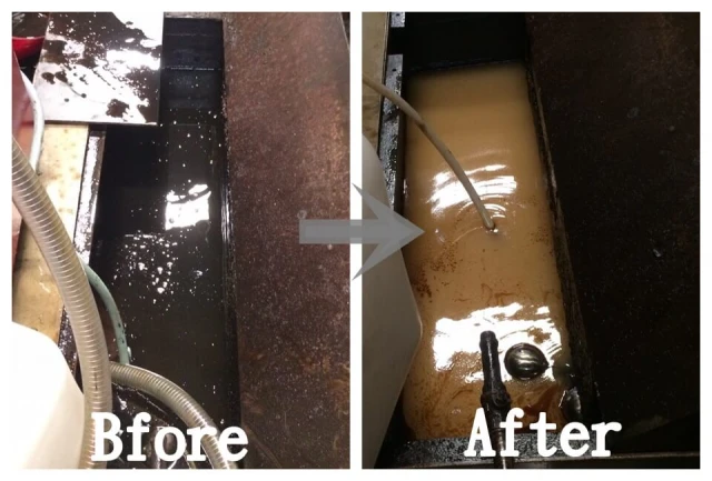 切削液過濾前後對比 – 冠佳科技設備有效去除油污，提高液體清潔度