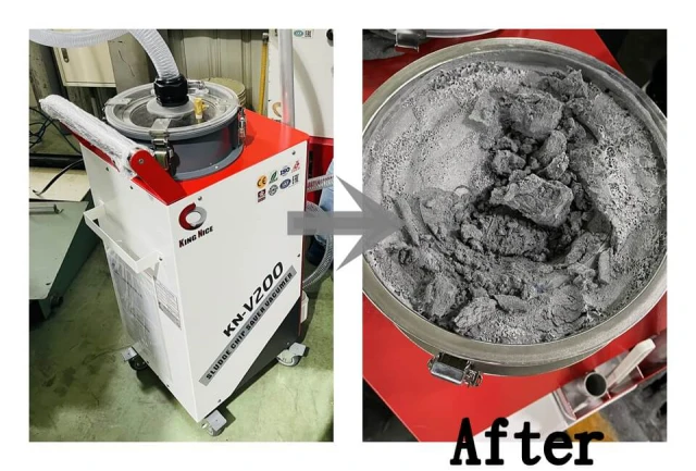 Chip Vacuum Removal System – Before & after results, enhancing coolant recovery and reducing machine contamination.