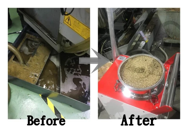 KN-V200 Chip Vacuum Removal System – Before & after results, efficiently removing sludge and sediment from machine bases.
